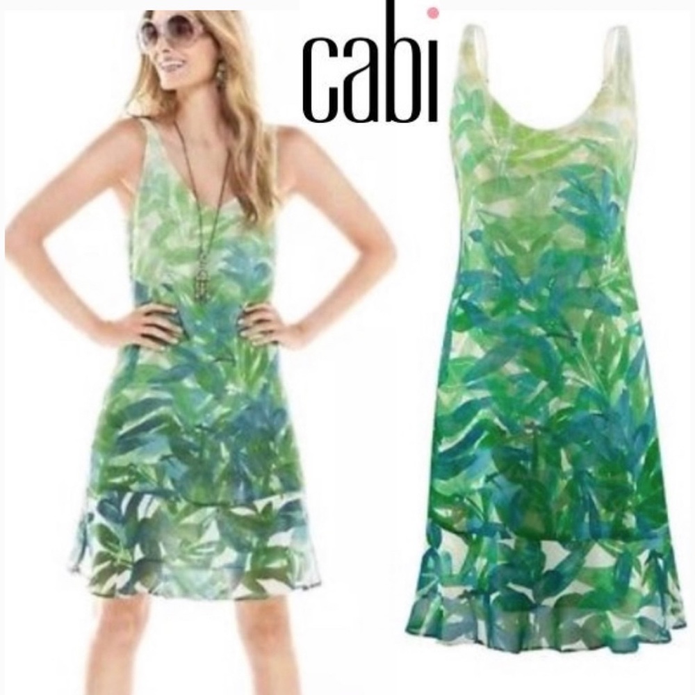 CAbi 5235 Castaway Dress Green Tropical Leaf Sleeveless Ruffle Trim Lined Sz XL